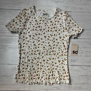NWT SO Ribbed Floral Top XS White Brown Lettuce Hem Short Sleeve Shirt